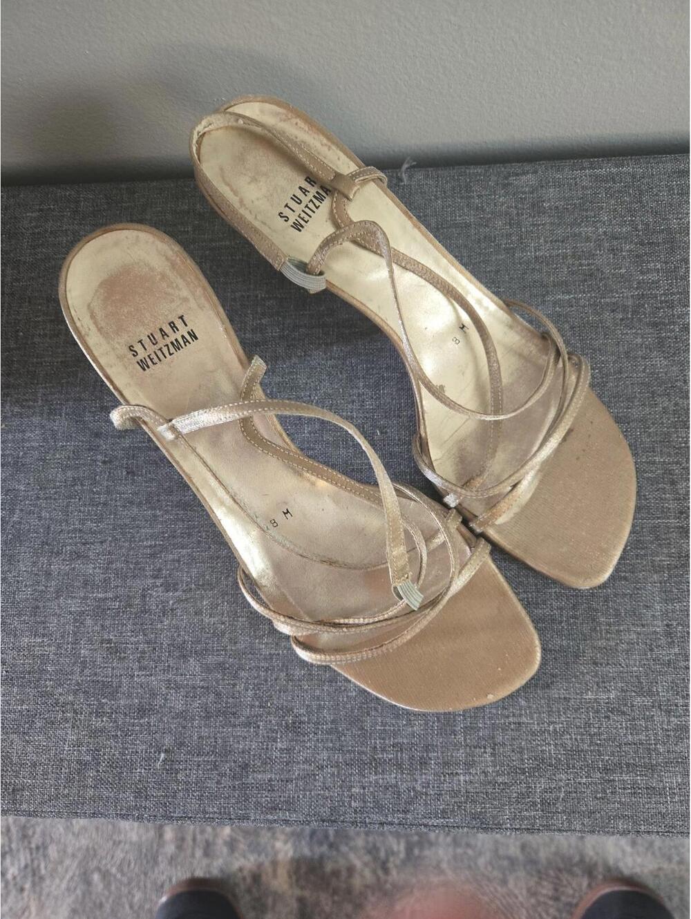 Vintage Stuart Weitzman Gold Metallic Strappy Heeled Sandals Size 8 Used - Picture 2 of 3